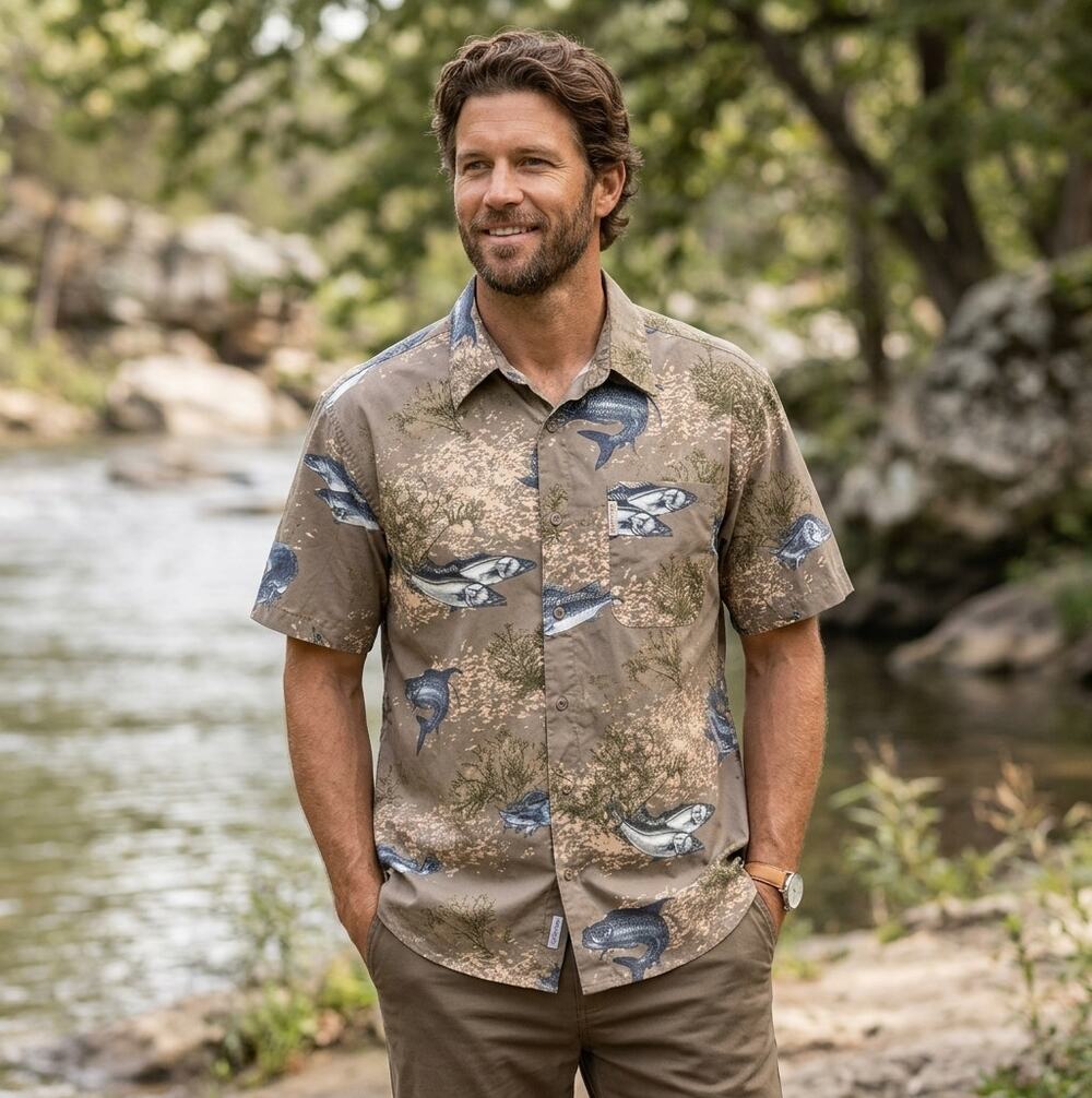 Columbia Button Up Shirt Men Large Brown River Lodge Fish Fishing Outdoor Casual